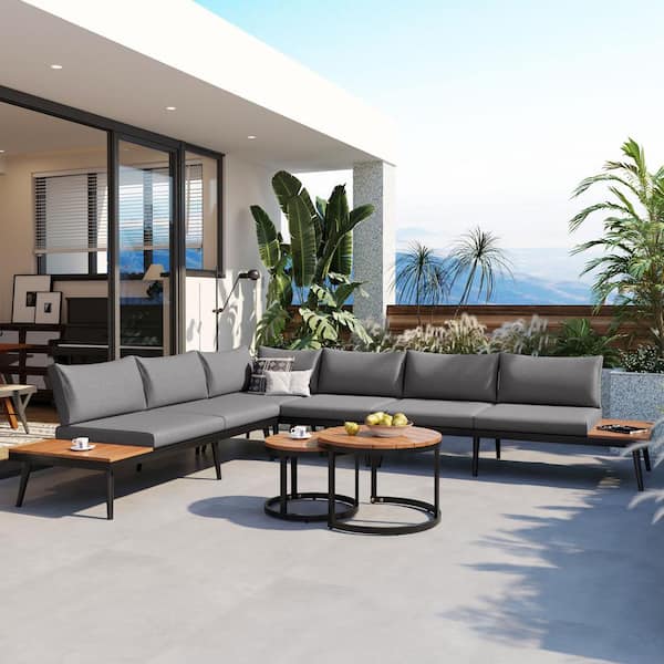 Polibi 6-Piece Metal Outdoor Sectional Set with Gray Cushions, Extended Storage Space and Coffe Table
