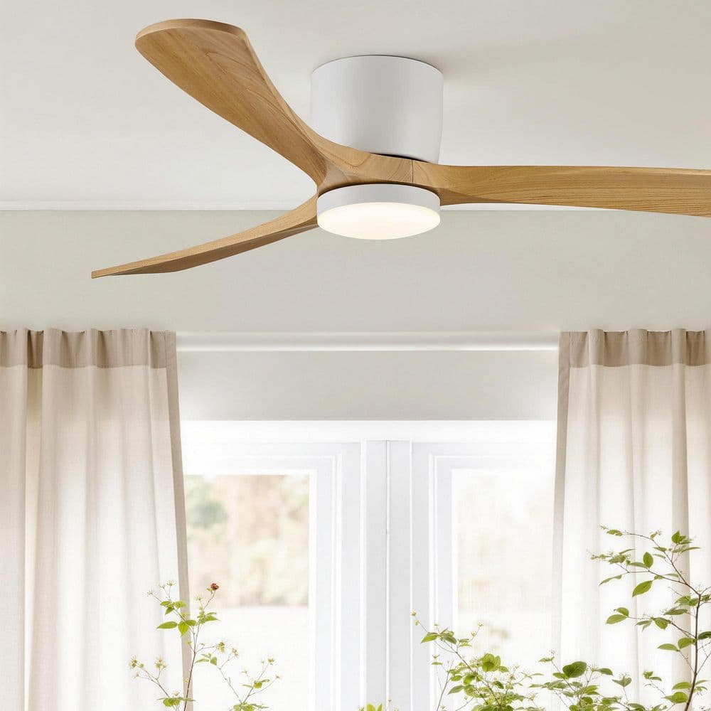 52 in. White Natural Wood Low Profile Flush Mount Standard Ceiling Fan with Dimmable White Integrated LED Light Remote price history on PriceWatchPro