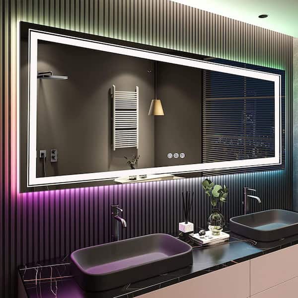 UPIKER Artistic 84 in. W x 32 in. H Large Rectangular Frameless Anti-Fog Wall Mount Bathroom Vanity Mirror in Silver