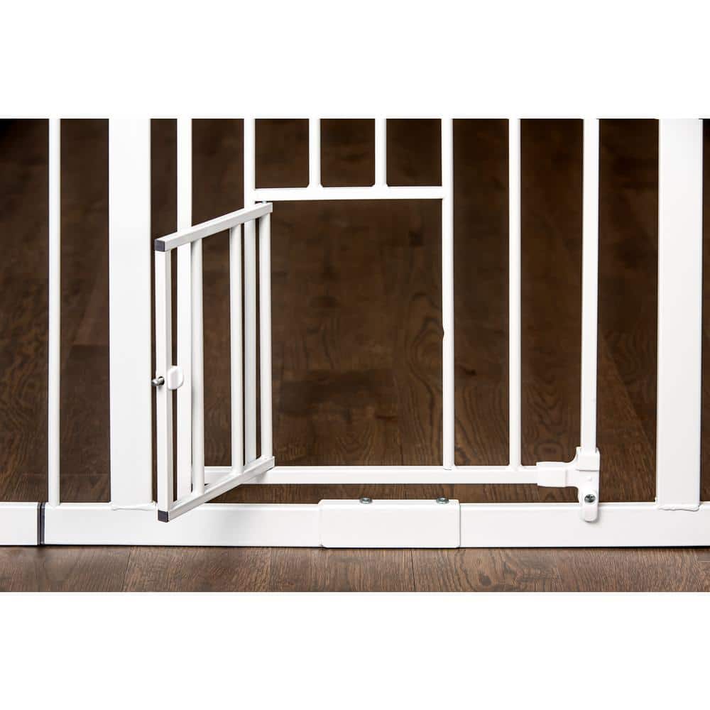 Extra Tall White Metal Pet Gate with Small Door