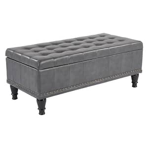 Caldwell Tufted Storage Ottoman in Grey Bonded Leather with Antique Bronze Nailheads