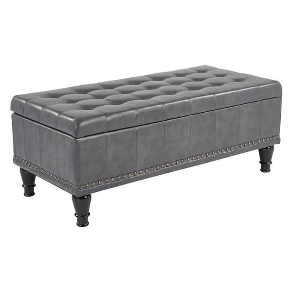 OSP Home Furnishings Caldwell Tufted Storage Ottoman in Grey Bonded Leather with Antique Bronze Nailheads