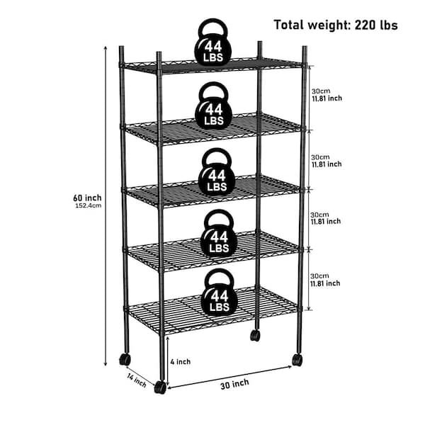 FUNKOL 5-Tier Black Metal Kitchen Shelf Foldable Storage Rack with WheelsMultifunctional Cart
