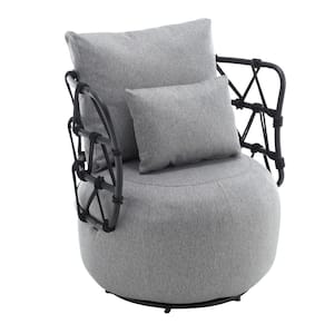 Fashionable Upholstered Tufted Textured Linen Fabric Barrel Chair with Metal Stand - Gray
