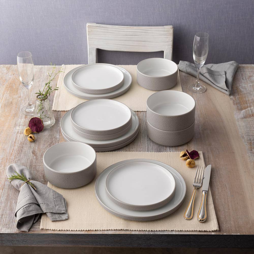 Taupe and White Porcelain 12-Piece Dinnerware Set, Service for 4