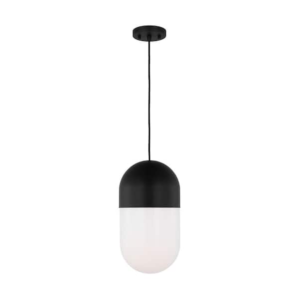 SCOTT LIVING Foster 75-Watt 1-Light Midnight Black Pendant Light with Milk Glass Shade and No Bulbs Included