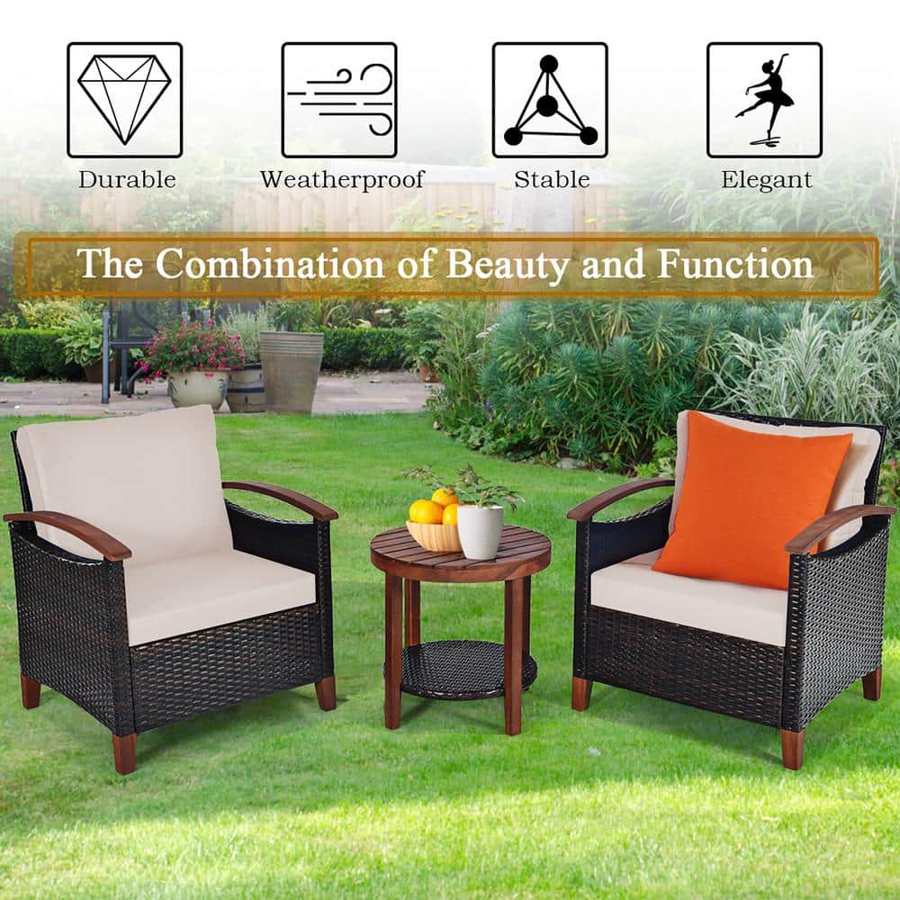 Beige Acacia Wood and Rattan Outdoor Bistro Set