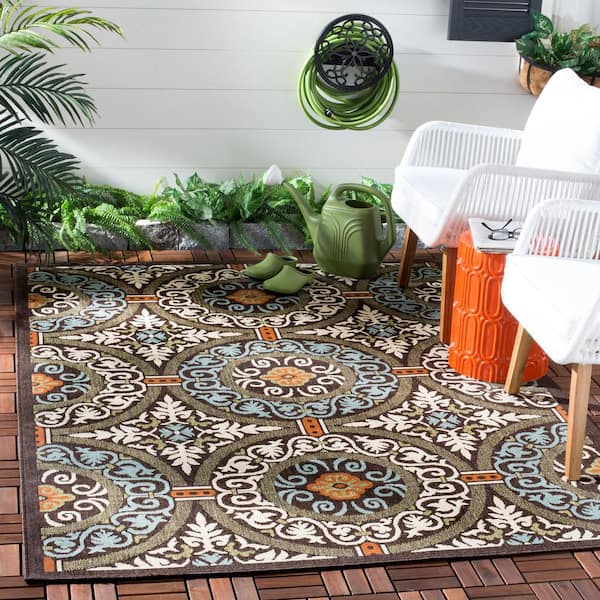 Veranda Chocolate/Aqua 5 ft. x 5 ft. Border Geometric Indoor/Outdoor Square Area Rug