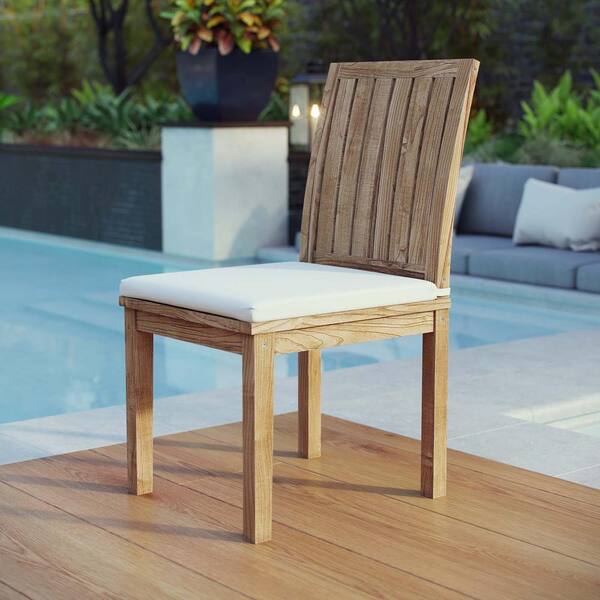 Modway Marina Patio Teak Outdoor Dining Chair In Natural With White Cushions Eei 2700 Nat Whi The Home Depot