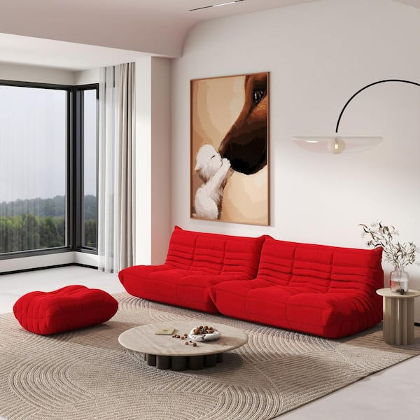 Magic Home (Set of 3) Red Velvet Polyester Large 45-72 in. Fireside Lazy Sofa Bean Bag Rebound Sponge Floor Couch with Ottoman