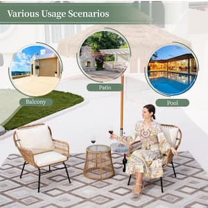 3 Piece Boho Natural Wicker Oversized Patio Outdoor Conversation Chair Set with Glass Table and Beige Cushions