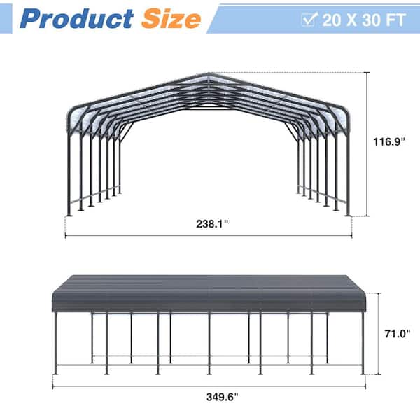 20 ft. W x 30 ft. D Black Roof Steel Carport with Heavy Duty Carport Canopy, Garage Shelter for Car