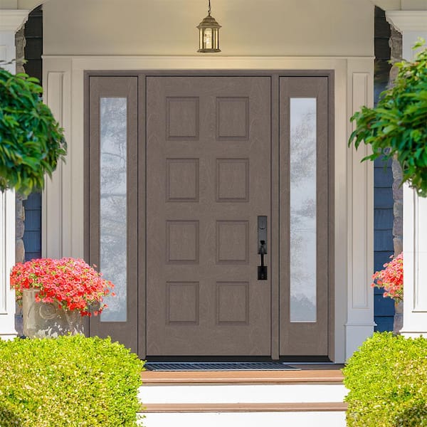 Regency 74 in. x 96 in. 8-Panel RHOS Ashwood Stain Mahogany Fiberglass Prehung Front Door with Dbl 14 in. Sidelites
