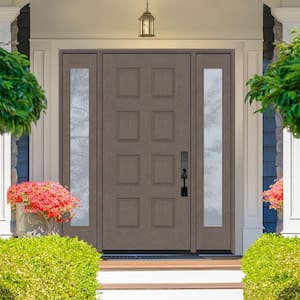 Regency 70 in. x 96 in. 8-Panel LHIS Ashwood Stain Mahogany Fiberglass Prehung Front Door with Dbl 12in. Sidelites