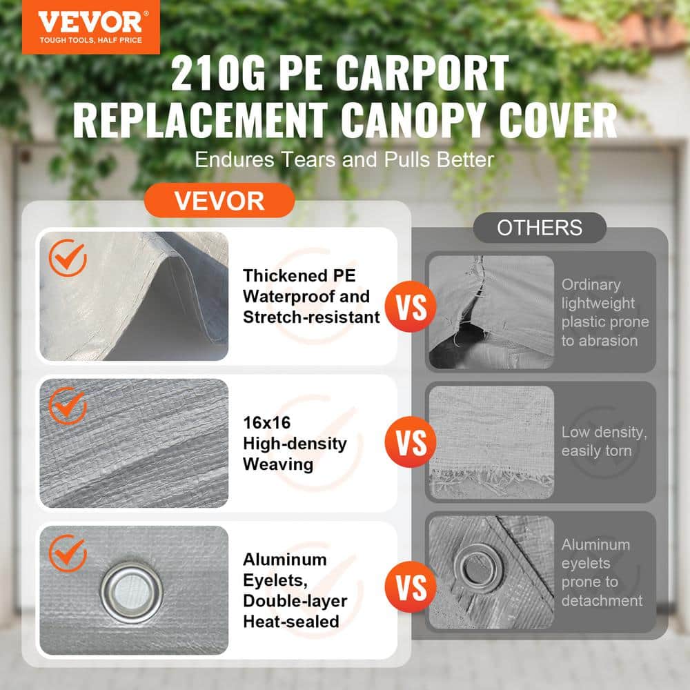 Gray 10' x 20' Waterproof Carport Canopy Cover with Aluminum Frame