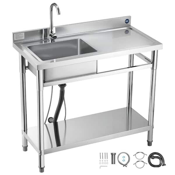 Stainless Steel Utility Sink, Freestanding Single Bowl w/ Right Drainboard, Faucet & H/C Lines, 39.4 x 19.7 x 37 in