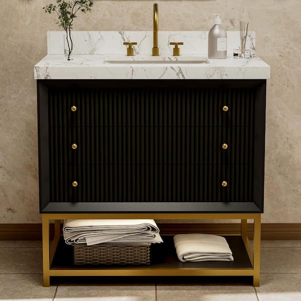 Solidoak 36 in. W x 22 in. D x 35.4 in. H Single Sink Bath Vanity in Black with White Engineered Marble Top
