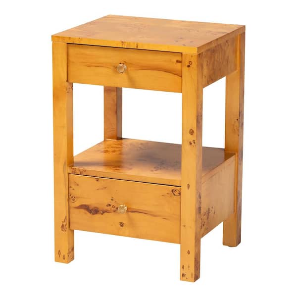 Azmi Light Mappa Real Burl Wood 2-Drawer Nightstand
