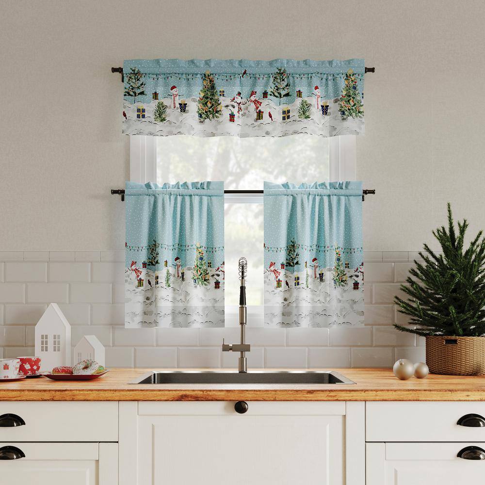 Blue Semi-Sheer Holiday Rod Pocket Kitchen Curtains, 54" x 24"