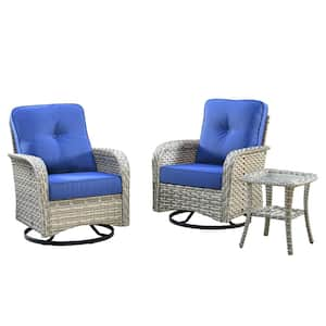 Beverly Gray 3-Piece Wicker Outdoor Patio Conversation Swivel Rocking Chair Seating Set with Navy Blue Cushions