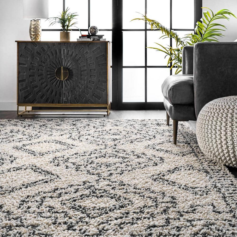 Lacey Moroccan Geometric Off-White Shag Area Rug, 5'3" x 7'7"