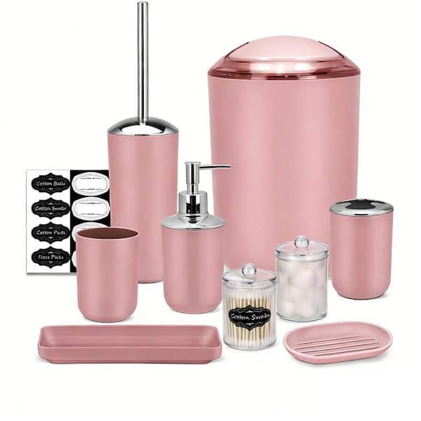 9-Piece Bathroom Set with Soap Dispenser & Dish, Toothbrush Holder & Cup, Trash Can, Toilet Brush, Tray, Jars in Pink