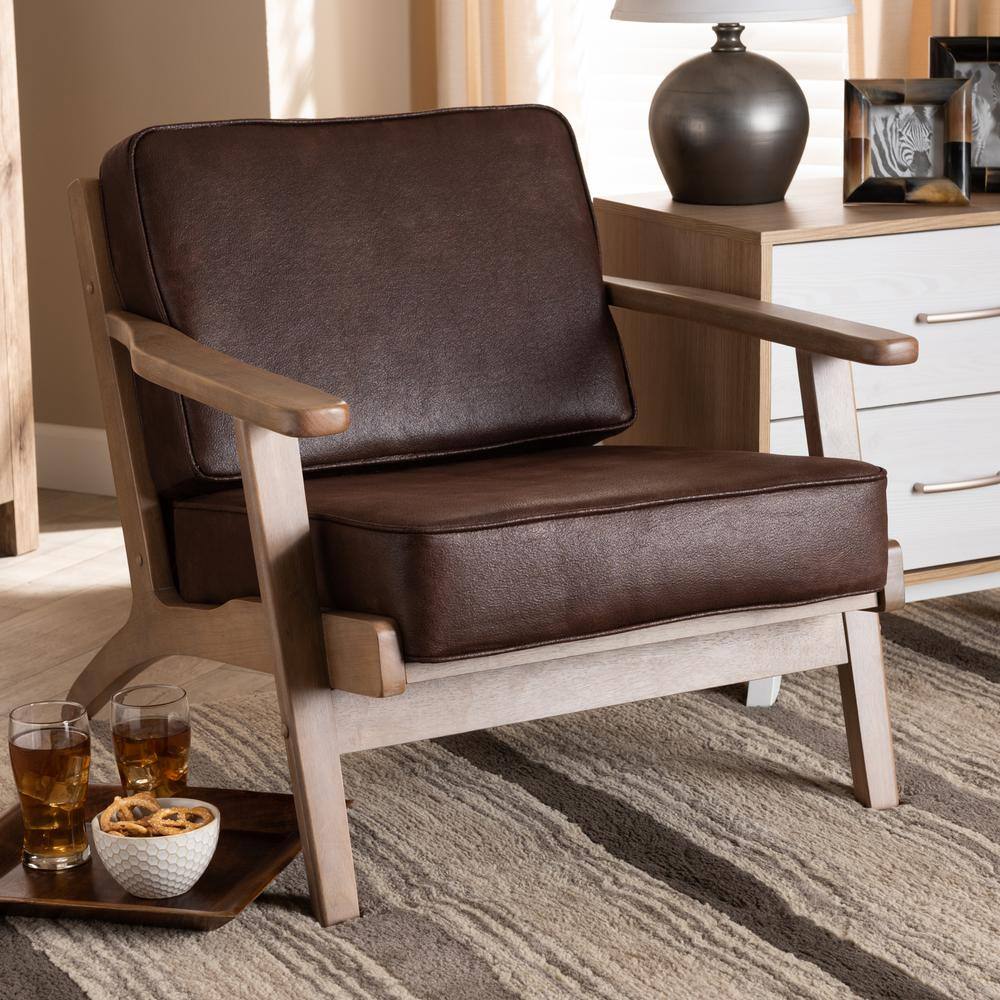 Dark Brown Faux Leather and Oak Mid-Century Accent Chair