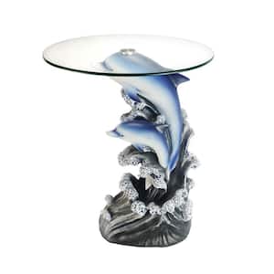 19 in. Blue and Gray Round Glass Top Dolphin End Table