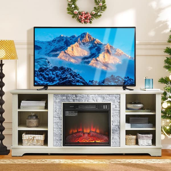 65 in. Freestanding TV Stand Media Console Table with 23 in. Fireplace Insert, for TV up to 70 in., White