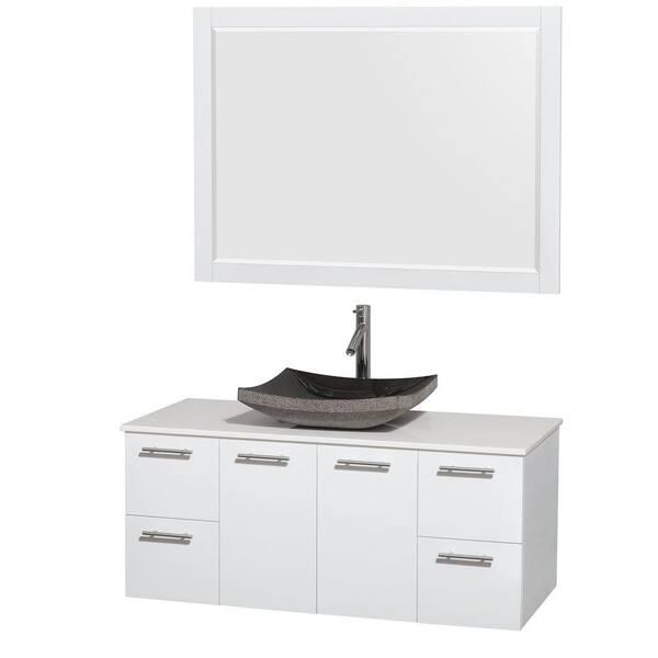 Wyndham Collection Amare 48 in. Vanity in Glossy White with Solid-Surface Vanity Top in White, Granite Sink and 46 in. Mirror