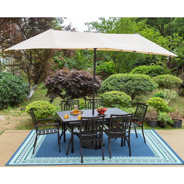 PHI VILLA Black 8-Piece Metal Outdoor Patio Dining Set with Slat Rectangle Table, Stackable Chairs and Beige Umbrella