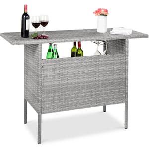 Outdoor Gray Patio Wicker Bar Table with 2 Steel Shelves, 2-Sets of Rails