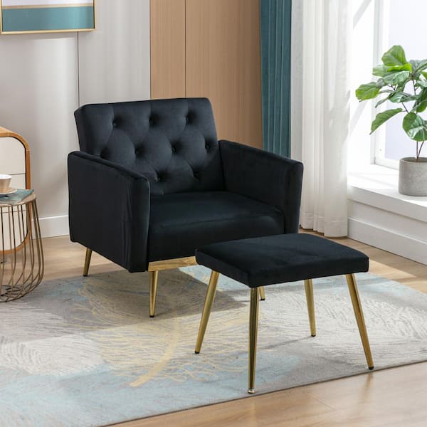 HOMEFUN Modern Black Velvet Adjustable Accent Chair with Ottoman Convertible Recliner Chaise Lounge Chair and Ottoman Set