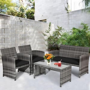 8-Pieces Patio Outdoor Rattan Conversation Furniture Set with Black Cushion