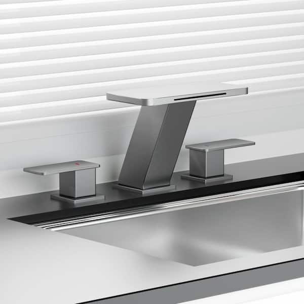 Elite Waterfall 8 in.Widespread 2-Handle Bathroom Faucet 3-Hole Bath Sink Faucet with Pop-Up Drain in Brushed Nickel