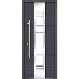 36 in. x 80 in. 1 Panel Right-Hand/Inswing 13 Lites Frosted Glass Gray Finished Steel Prehung Front Door with Handle