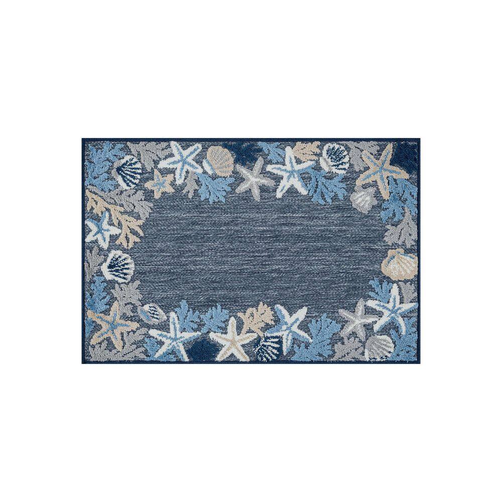 Coastal Border Design Indoor/Outdoor High-Low Textured Area Rug, Coastal Border, Easy-Clean Patio Rug 2' x 3' Navy