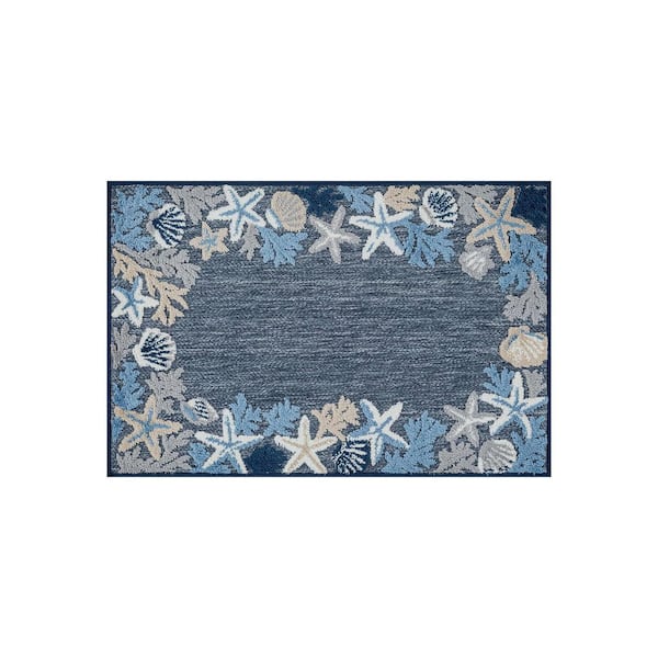 Coastal Border Design Indoor/Outdoor High-Low Textured, Coastal Border Easy-Clean Patio Rug 2 ft. x 3 ft. Navy Area Rug