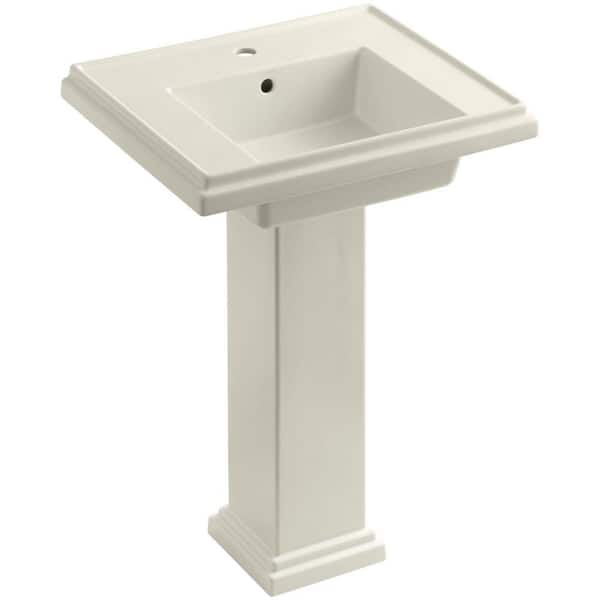 KOHLER Tresham Ceramic Pedestal Combo Bathroom Sink with Single-Hole Faucet Drilling in Biscuit with Overflow Drain