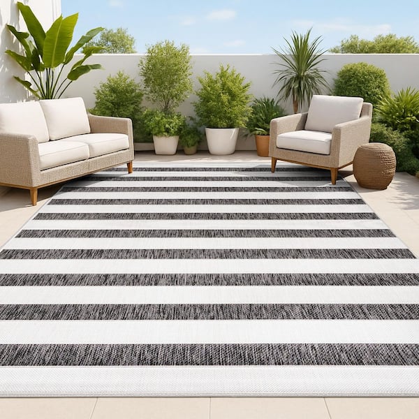 Aveiro Wide Stripe Black/Cream 8 ft. x 10 ft. Indoor/Outdoor Area Rug