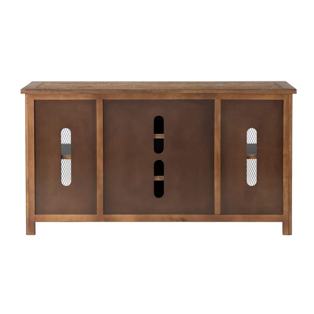 Rustic Pine and Black Metal Mesh 65" TV Stand with Cabinet