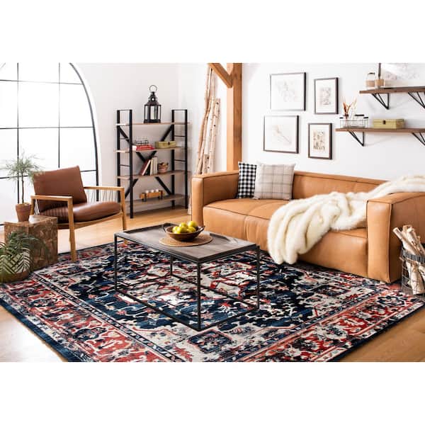 Charleston 11 ft. x 15 ft. Navy/Red Distressed Border Area Rug