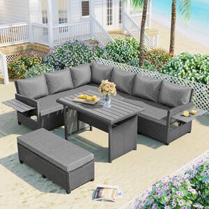 Gray 5-Piece Wicker Outdoor Sectional Set with Gray Cushions and Extendable End Tables