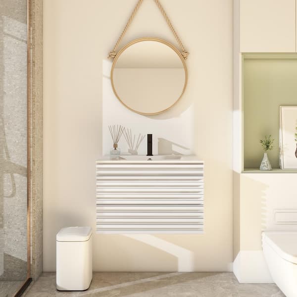 eclife 30 in. W x 18.3 in. D x 19.7 in. H Floating 1-Sink Bath Vanity in White with White Ceramic Top and Drain Faucet Set