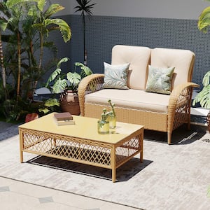 2 Person Outdoor Beige Wicker Sofa Seating with Coffee Table for Patio, Balcony in Beige