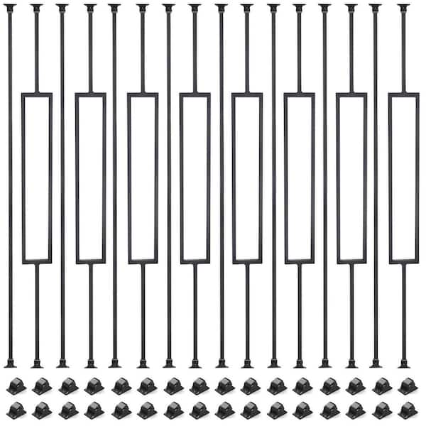 44 in. H x 0.5 in. W Black Iron Stair Railing Kit with 16 Pack Hollow Straight and Square Balusters and Swivel Shoes