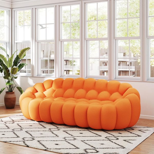 Magic Home 98 in. Bubble Armless Couch, Orange Mesh Fabric Curved Modular Sectional Sofa 3-Seater Couch for Living Room