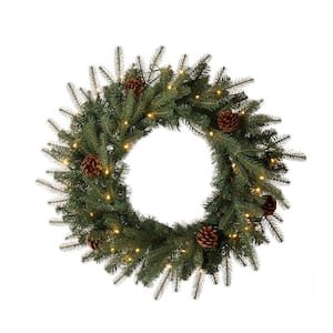 24 in. D Pre-Lit Greenery Pine Cone Artificial Christmas Wreath with Warm White LED Light