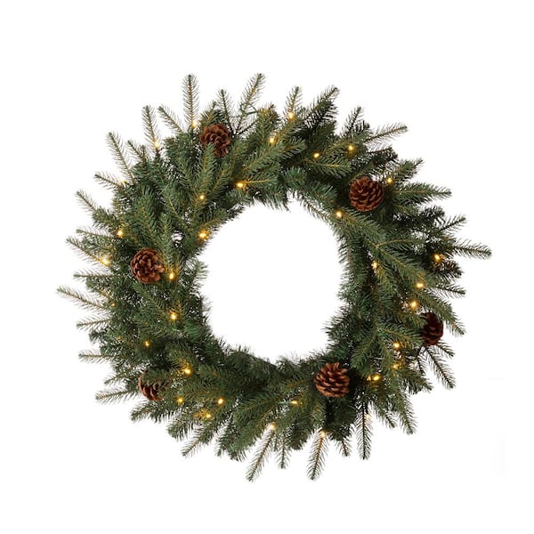 Glitzhome 24 in. D Pre-Lit Greenery Pine Cone Artificial Christmas Wreath with Warm White LED Light