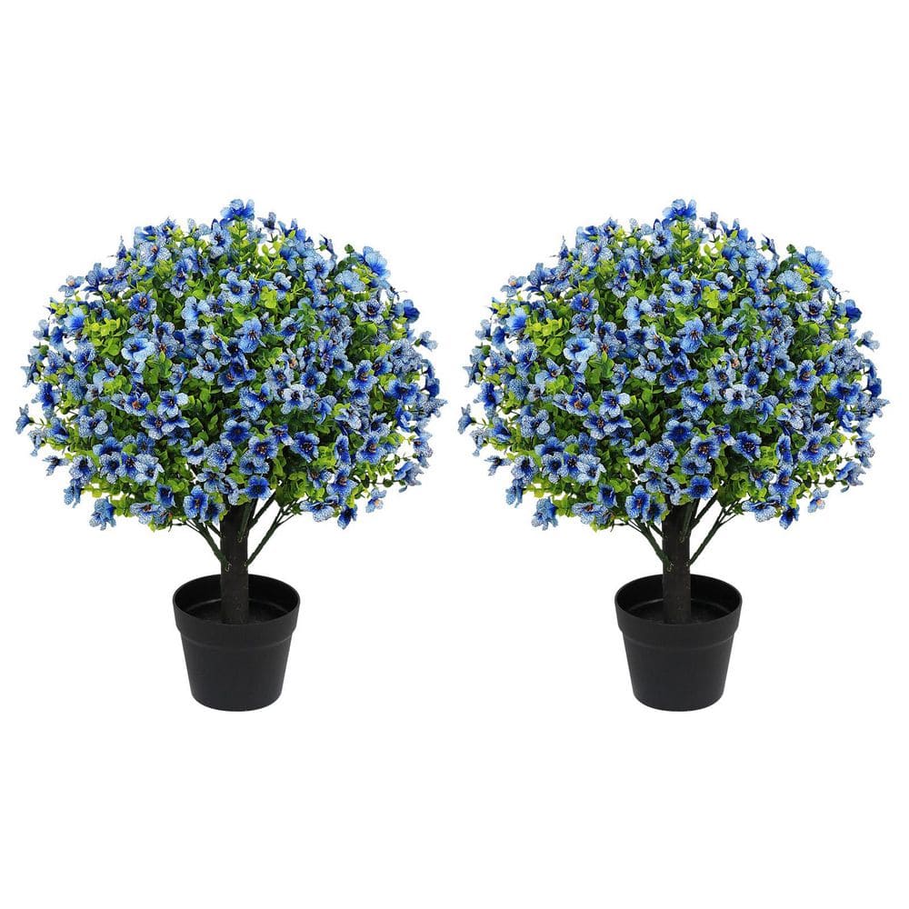 24 in. Blue Artificial Violet Plant with Eucalyptus Leaves, UV-Resistant Faux Floral Decor for Indoor/Outdoor Use